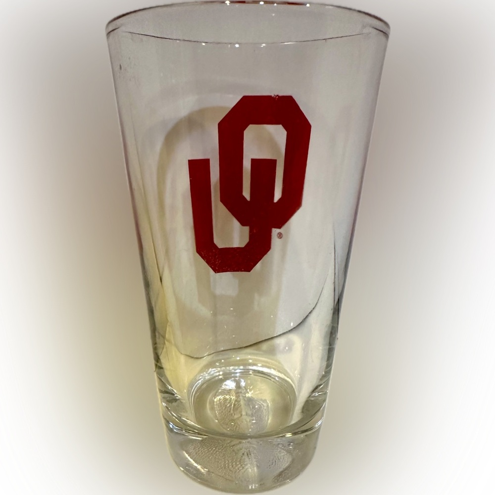 OU OKLAHOMA UNIVERSITY FOOTBALL IMPRINT HEAVY GLASS TUMBLER CLEAR RED 16oz BEER - Picture 3 of 10